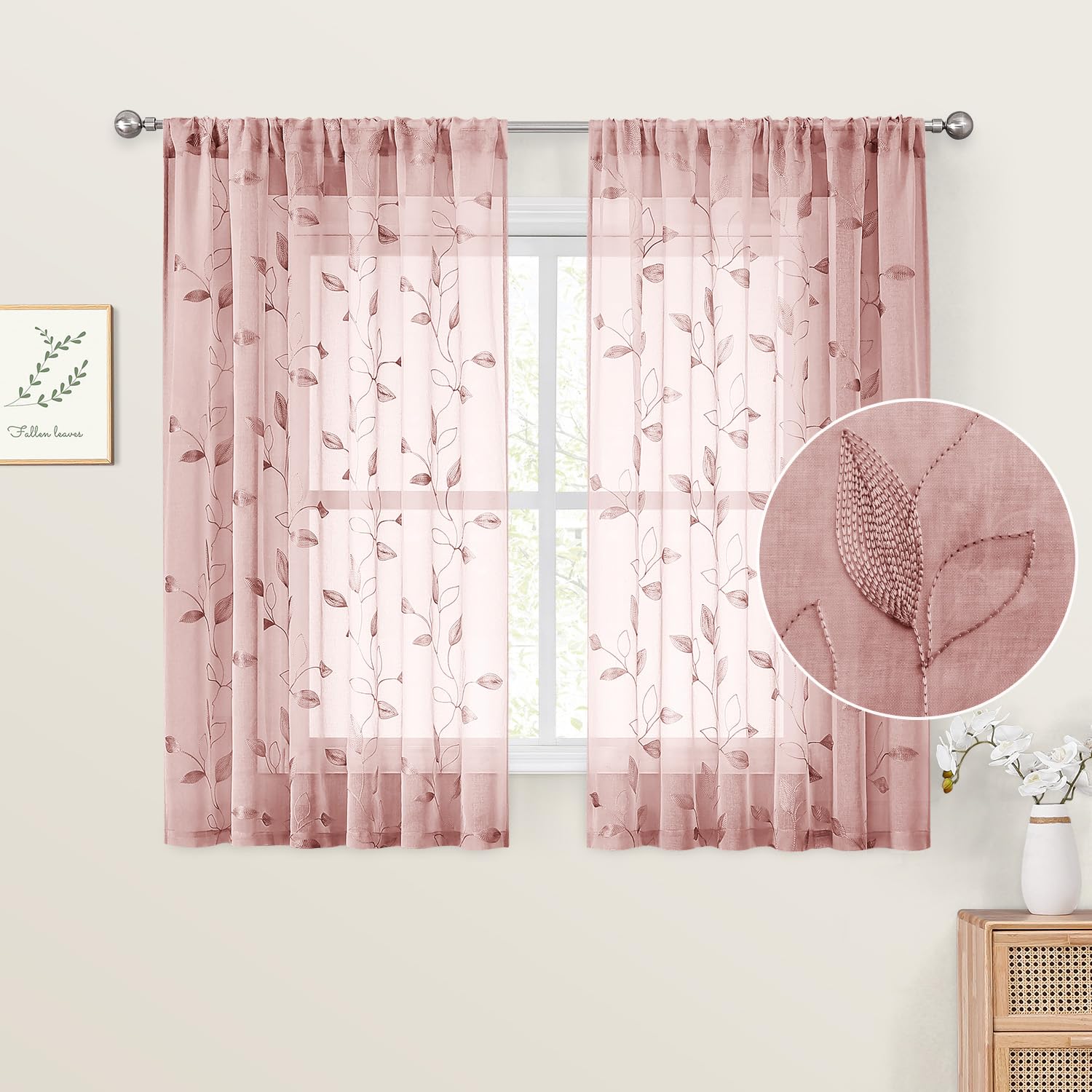 Homeideas Blush Pink Sheer Kitchen Curtains 52 X 54 Inch Length 2 Panels Embroidered Leaf Pattern Short Curtains For Bedroom Half/Small Bathroom Window Rod Pocket Tiers